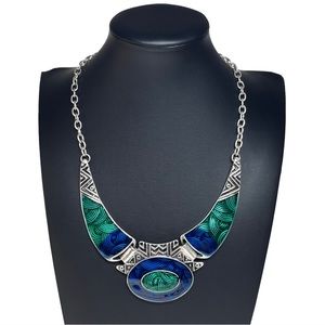 Enameled Bib Collar Necklace Silver Tone Blue Green Waves 16-19"